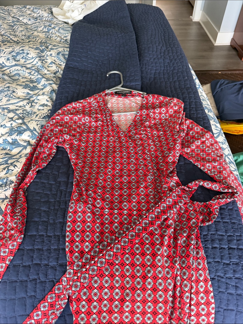 Banana Republic Red Geometric V-Neck Wrap Dress Sweater